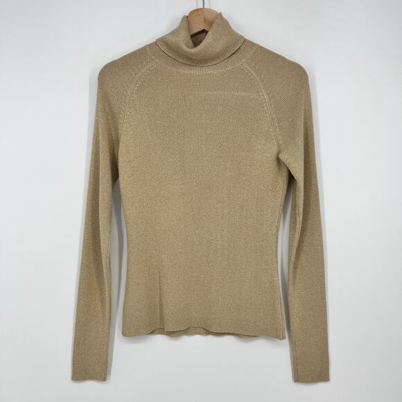 Cache Sweaters - Cache Turtleneck Metallic Gold Womens Med Roll Neck Body Con Ribbed Knit Stretch